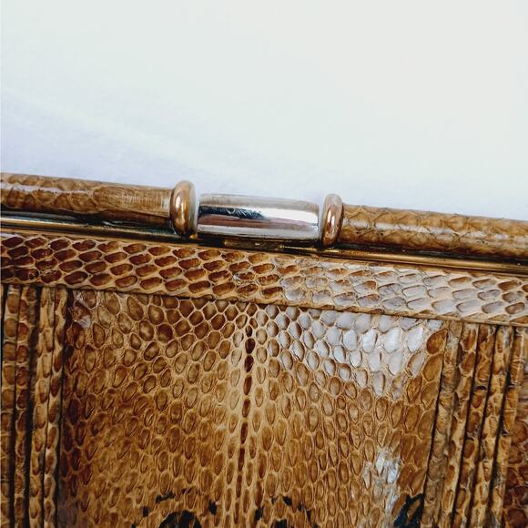 Vintage Genuine Snakeskin Clutch Purse With Chain Brown Cobra Head Markings - Picture 5 of 10